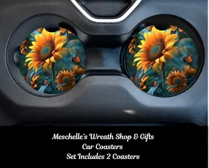 2-Piece Sunflower Print Car Coasters - Neoprene/Ceramic, Spill-Proof, Stylish Functional Automotive Interior Accessories for Standard Cup Holders