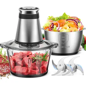 Processor, 500W Electric   with 2 Bowls (8 Cup+8 Cup) & 2 Bi-Level &, Small Electric  Meat Processor for Nuts, Meat, Onion, Garlic,  , Black
