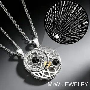 Valentine's Day Gift Sun & Moon Magnetic Projection Necklace 100 Languages I Love You Pendant Jewelry Set for Couples