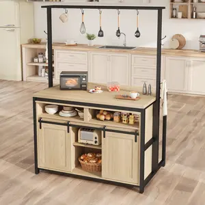 【GARVEE】Kitchen Storage Island, Kitchen Island table with Sliding Doors, 3-Tier Shelves and 9 Hooks, Kitchen Island with Charging Station, Multi-Functional Bakers Rack for Dining Room