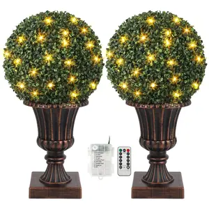 Gaomon 16-in Faux Topiary Ball Decor - Pre-Lit Artificial Plant with Lights, Timer, Remote Control, Indoor/Outdoor Porch Pot Tree with Red Urn Base