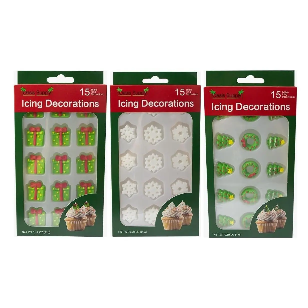 Christmas Edible Cake Decorations - Candy or Cupcake Topper -Christmas Presents, Winter Snowflakes, Trees and Wreaths, 45 Pieces Total