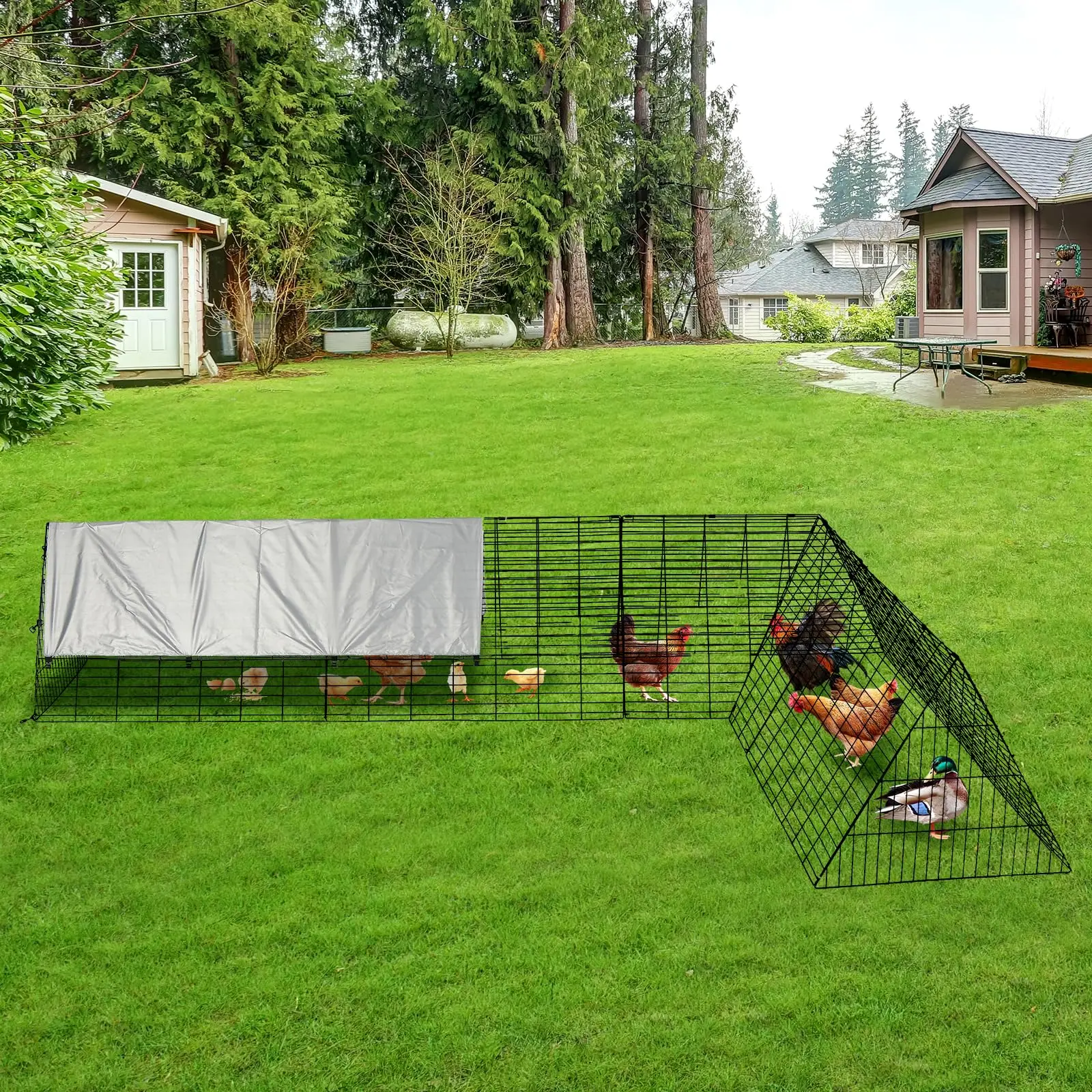 Chicken Coop Outdoor with Tunnel and Cover, 118 x 79 x 28 Inch Portable Poultry Run, Modular Metal Cage for Chickens, Ducks, Rabbits, Heavy-Duty All Weather Chicken Tractor