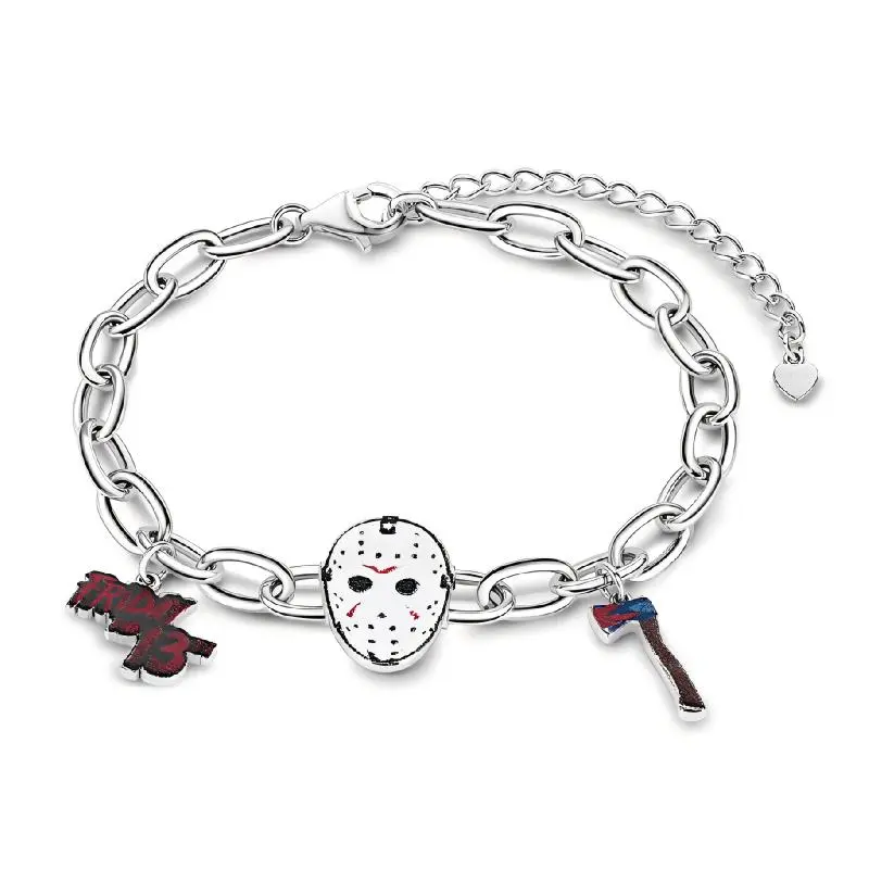 GNOCE Jason Voorhees Fashion Charm Bracelet, Horror Themed Costume Jewelry with Mask, Weapon & Logo Charms for Horror Lovers, Horror Lover Gifts
