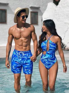 COUPLE VIBES Summer Vacation Outfit Couples Matching Swimwear Blue Marble Print Men's Beach Shorts with Drawstring Waist for Hawaiian Beachwear Matching Couple