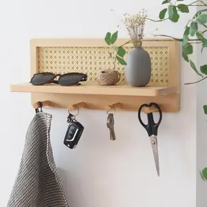 Solid Wood & Rattan Floating Wall Shelves - Ideal for Dorm. Use as key hook, bookshelf, newspaper & magazine storage.