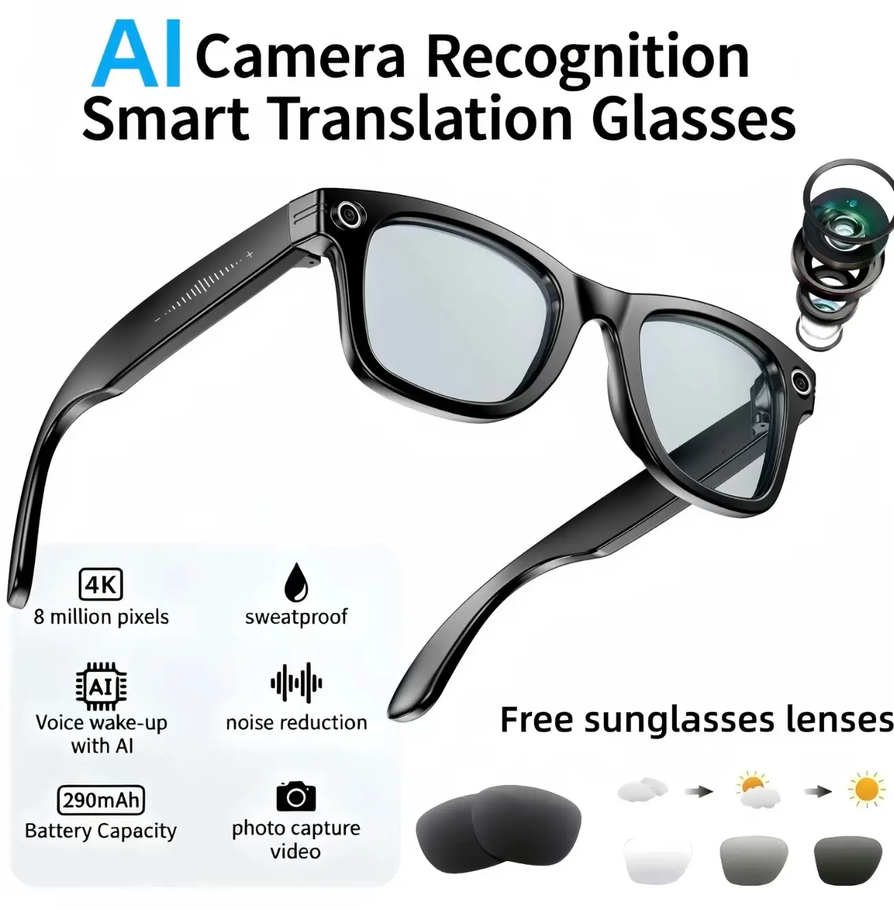 AI Smart Wearable Recording Glasses - Oval Classic Style, 800W AI Camera Recognition, 4K Video, Bluetooth Audio, ChatGPT Translation, Voice Control, Image Stabilization, Sweatproof, Noise Reduction, 290mAh Battery for Men and Women