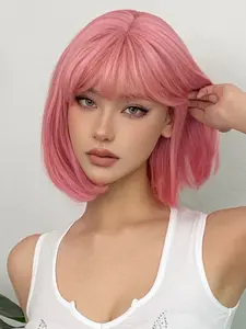 Bob Wig, Bob Cut Wig, Short Straight Hair, 12 Inch Bangs, High Heat Resistant, Women's Wig for Halloween, Christmas, Cosplay, Straight Synthetic Material Wigs