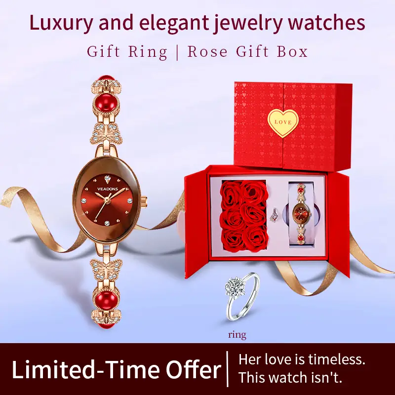 Veadons Ladies' Elegant Watch & Bracelet Set comes with a heart-shaped gift box containing an exquisite necklace, a ring, and a pair of earrings — it'