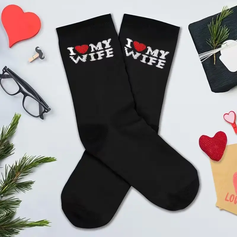 Pack of 5 pairs of fun “I Love My Wife” mid-calf heart-shaped trendy socks—great as gifts for husbands, boyfriends, birthdays, Christmas, and Valentine’s Day.
