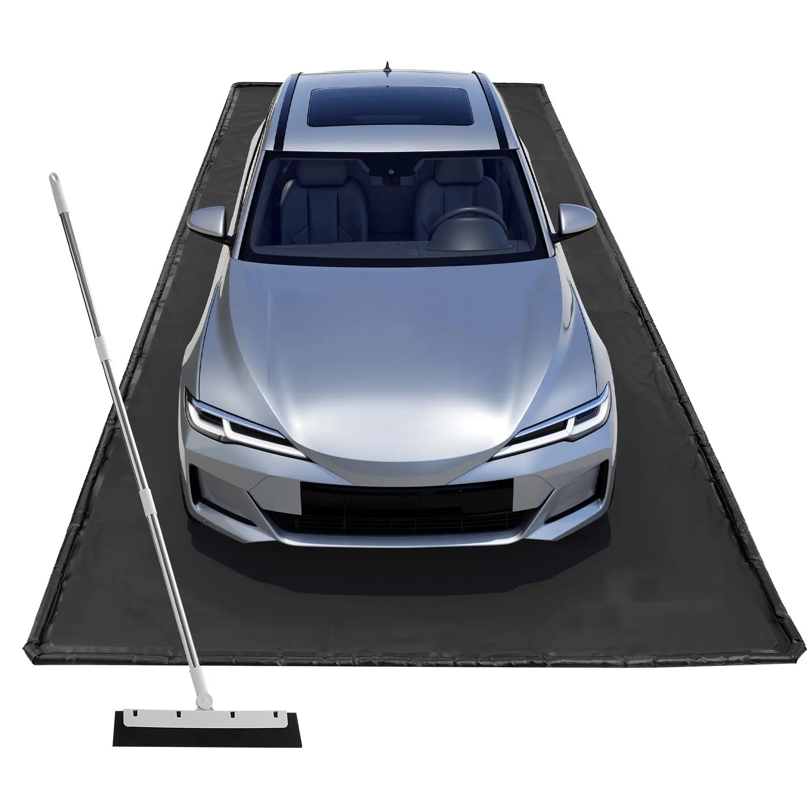 Containment Mat 7 Ft 9 In X 18 Ft, Non Slip PVC Garage Floor Mat With Cleaning Squeegee, Heavy Duty Durable Waterproof Containment Protection From Snow, Rain And Mud For Cars Parking, Black