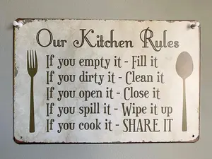 Retro Our Kitchen Rules Metal Signs Vintage Tin Sign for Home Bars Pubs Offices Funny Signs 8x12 Inch