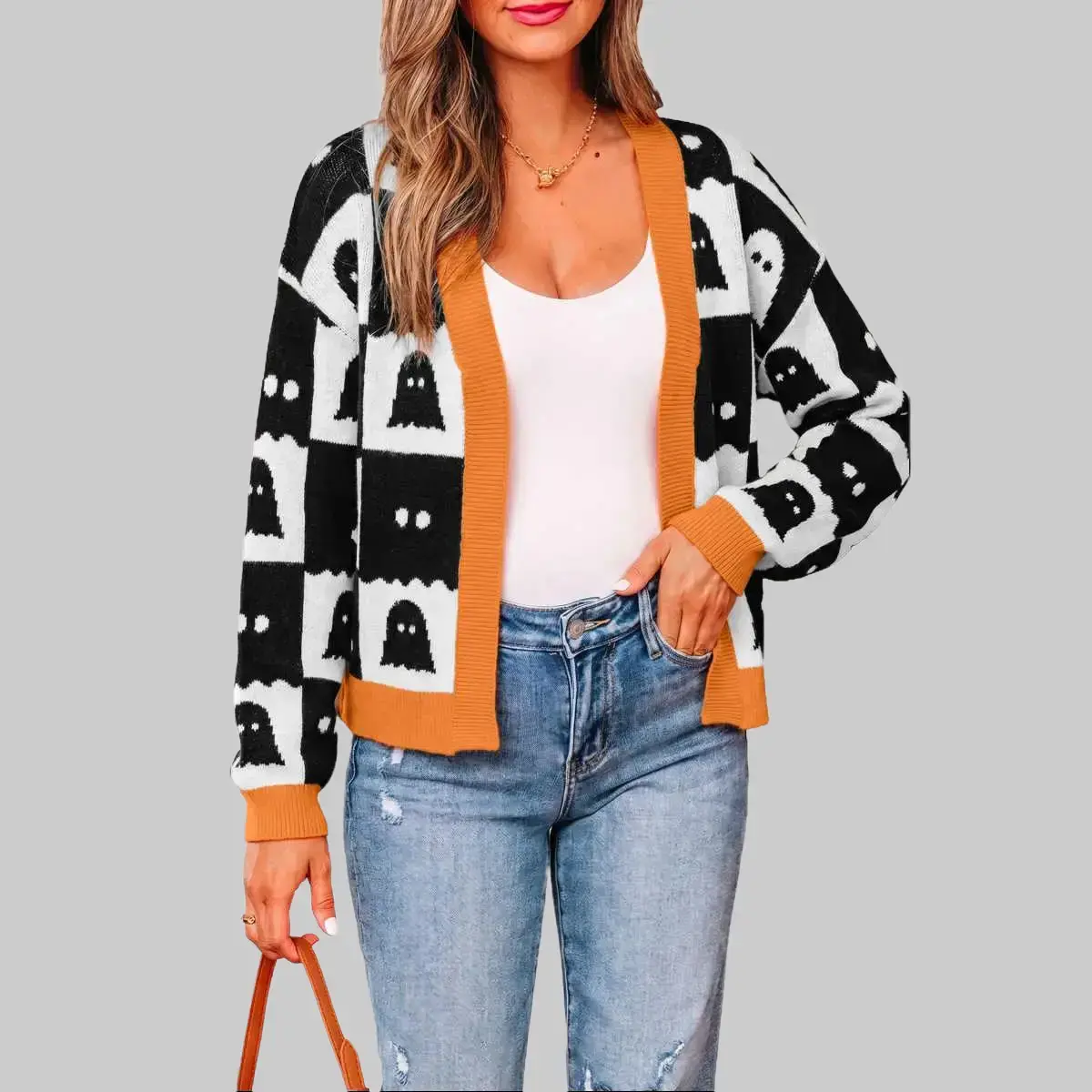Women's Halloween Black Geometric Ghost Pattern Long Sleeve Knit Cardigan - Drop Shoulder Relaxed Fit Open Front Top, Orange Contrast Trim Collared Cuffs, Plaid Side Seam Detail, Vintage Goth Casual Fall Outerwear, Knitwear