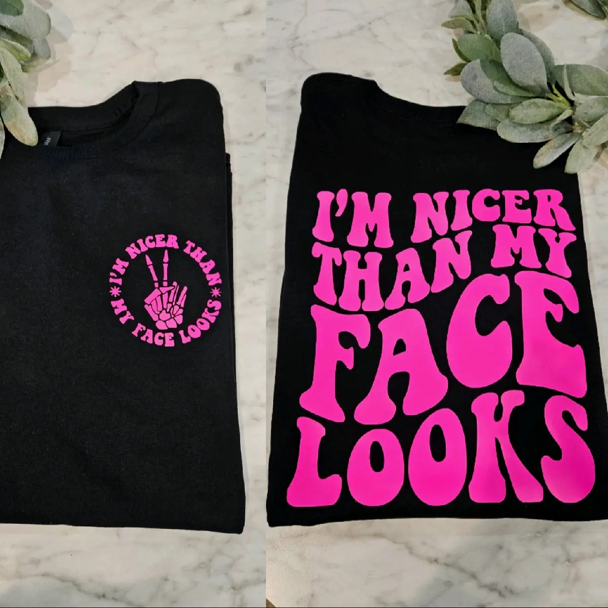 I'm nicer than my face looks shirt funny cute trendy retro short sleeve tshirt black and pink graphic tee