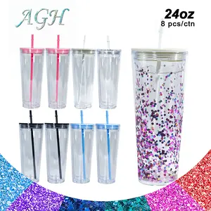 AGH 8pcs 24oz Acrylic Snow Globe Tumbler for UV Sticker/3D DIY Glitter Bling Plastic Double Wall Cups with Mixed Color Lid Drinkware Halloween Gift
