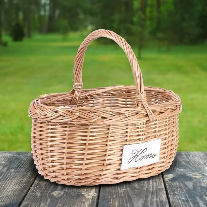 Handmade Wicker Handbag Basket, Picnic Basket with Handle, Woven Wicker Carry Basket for Fruits, Flowers, Outdoor Use
