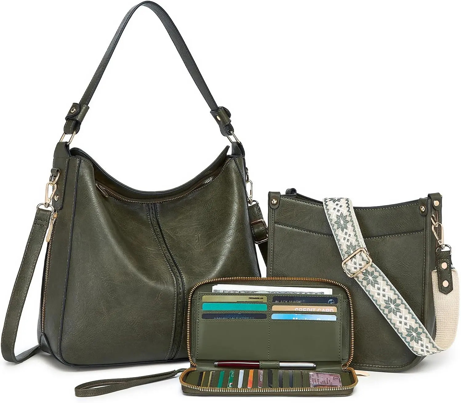 Women's 3PCS Olive Green Crossbody Bags Set Large Leather Purse Shoulder Handbags with Wallet Adjustable Straps for Ladies Tote in Olive Green