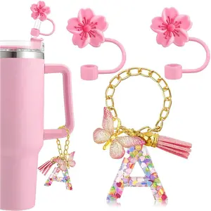 Silicone Straw Cover & Letter Charm Set, 3 Counts/set Including 2 Counts Silicone Straw Cover & 1 Count Letter Charm, Drinkware Accessories for 30oz 40oz Cup Tumbler Straw Lid