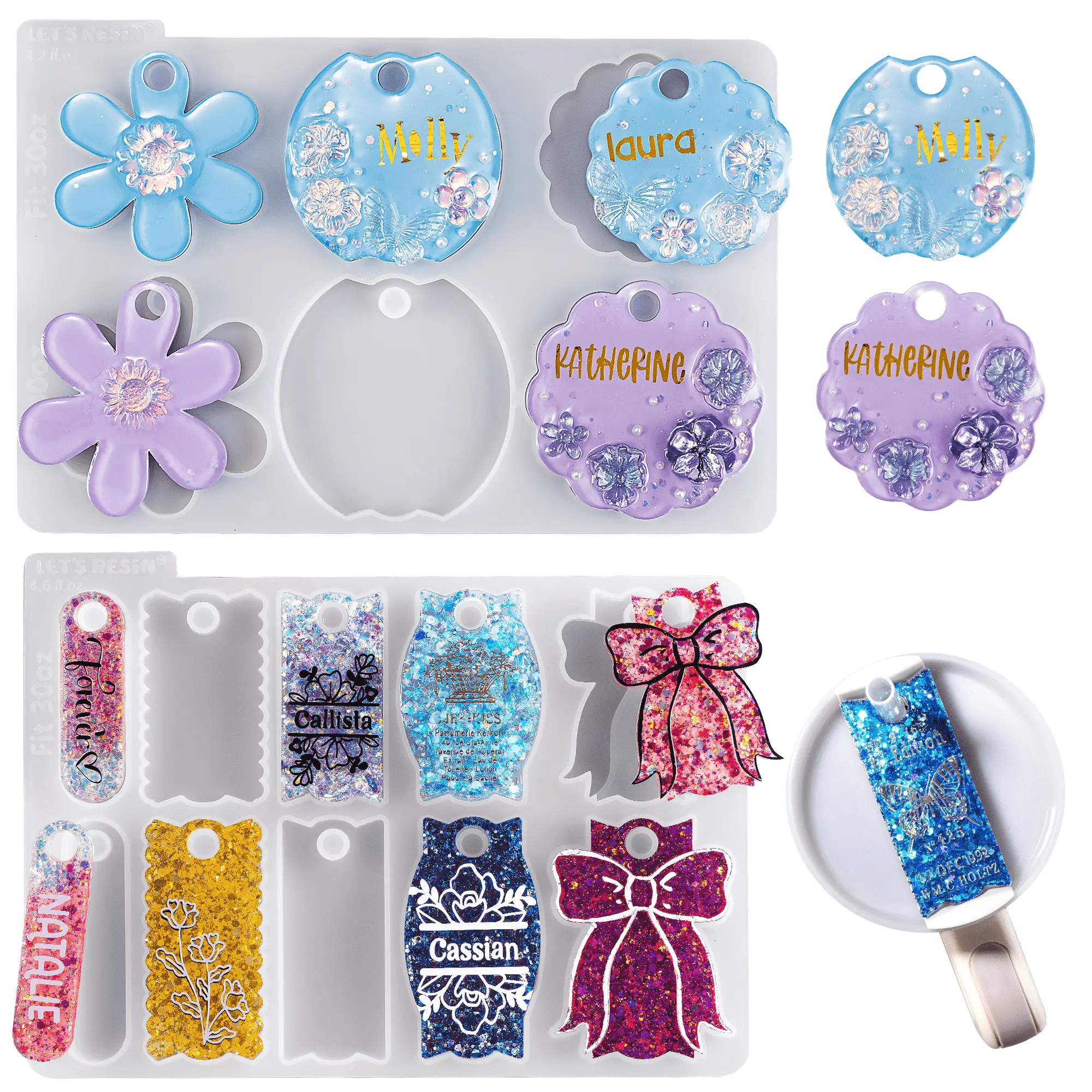 LET'S RESIN Name Plates Resin Molds for 20oz/30oz & 40oz Lid, 16 Cavities 2Pcs Silicone Name Tag Molds for Tumbler Cup Lid, Epoxy Resin Molds for Stanley Cups, Keychain, Resin Art Crafts