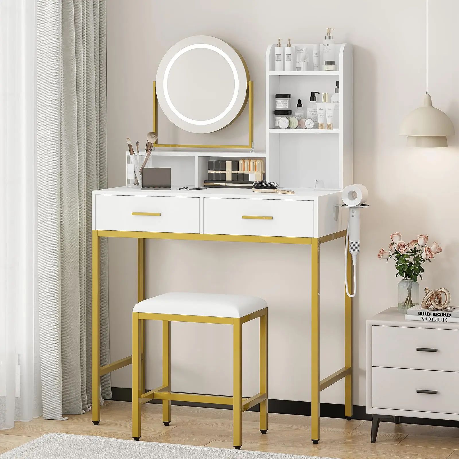 Garvee Vanity Desk with Rotating Mirror and Adjustable Light, Makeup Dressing Table Featuring Power Outlet, Two Drawers and Shelves, Includes Stool, Elegant White and Gold Finish for Bedroom