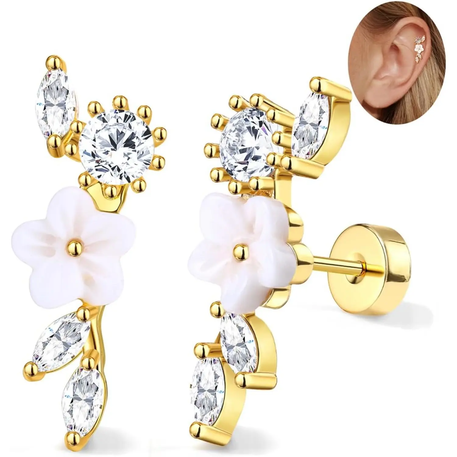 2Pcs Helix Piercing Jewellery Stainless Steel Cartilage Earrings for Women 16G Flat Back Earrings Stud Conch Piercing Earrings CZ Helix Earrings Silver Gold Tragus Piercing Jewellery
