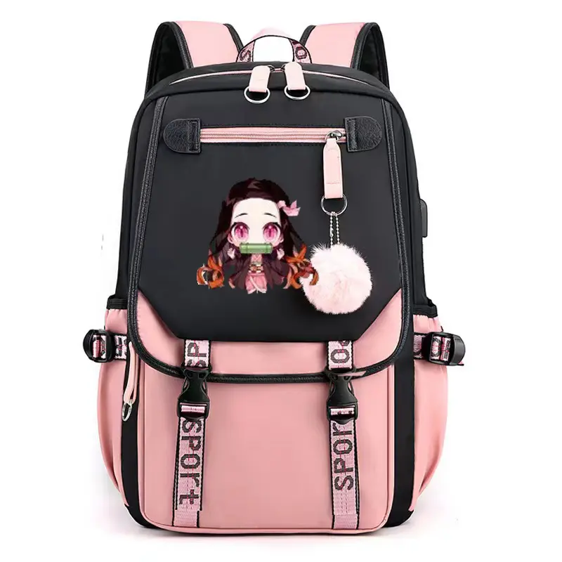 Demon Slayer Ninja Anime Printed Backpack, Anime Character Print Contrast Color Backpack, Pom Pom Decor Large Capacity Casual Daypack, Outdoor Travel Rucksack