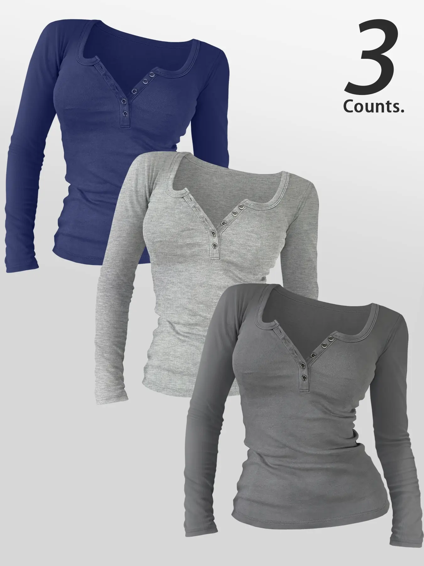 Women's Casual Plain Basic Long Sleeve Round Neck Fitted Top Set, Comfortable Soft Fabric for All Seasons, Three-Piece Combo for Daily Wear