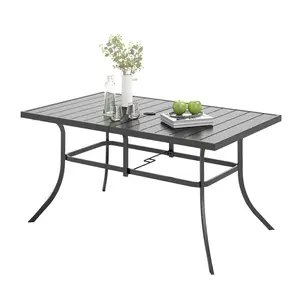 PHI VILLA Outdoor Patio Dining Table for 6, Rectangle Weather Resistant Metal Patio Table with Adjustable Umbrella Hole, Black