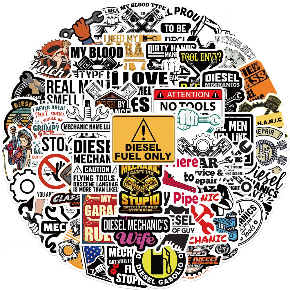 Wholesale 50 PICS Hard Hat Mechanic Vinyl Stickers for Toolbox Lockbox Speakers Guitar Laptops Hard Hat Bottles Vehicles Windows Rooms and More Waterproof Handcrafted Designs Made in USA