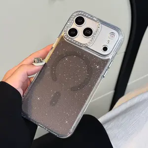 Glitter Clear Magnetic Phone Case for iPhone 17/16/15/14/13 Pro Max, Sparkle Pink MagSafe Case with Rhinestone Camera Protector, Shockproof Bling Transparent Cover for Women Girls