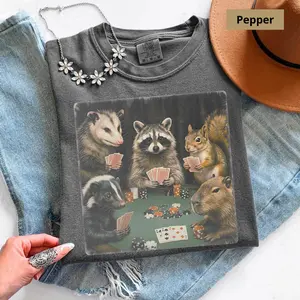 Comfort Colors Animals Playing Poker T-Shirt, Funny Meme Tee, Raccoon, Opossum, Capybara Funny Shirt