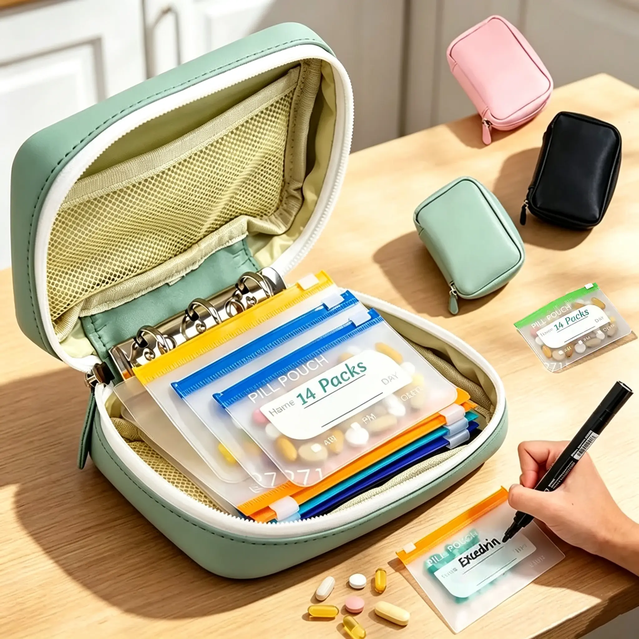 Waterproof Pocket Pharmacy Pill Pouch  Set - 14 Color-Coded Zipper Pouches Binder Style, Portable Weekly Travel Medicine Case for Vitamins, Fish Oils, Prescriptions dealsforyou summerwins