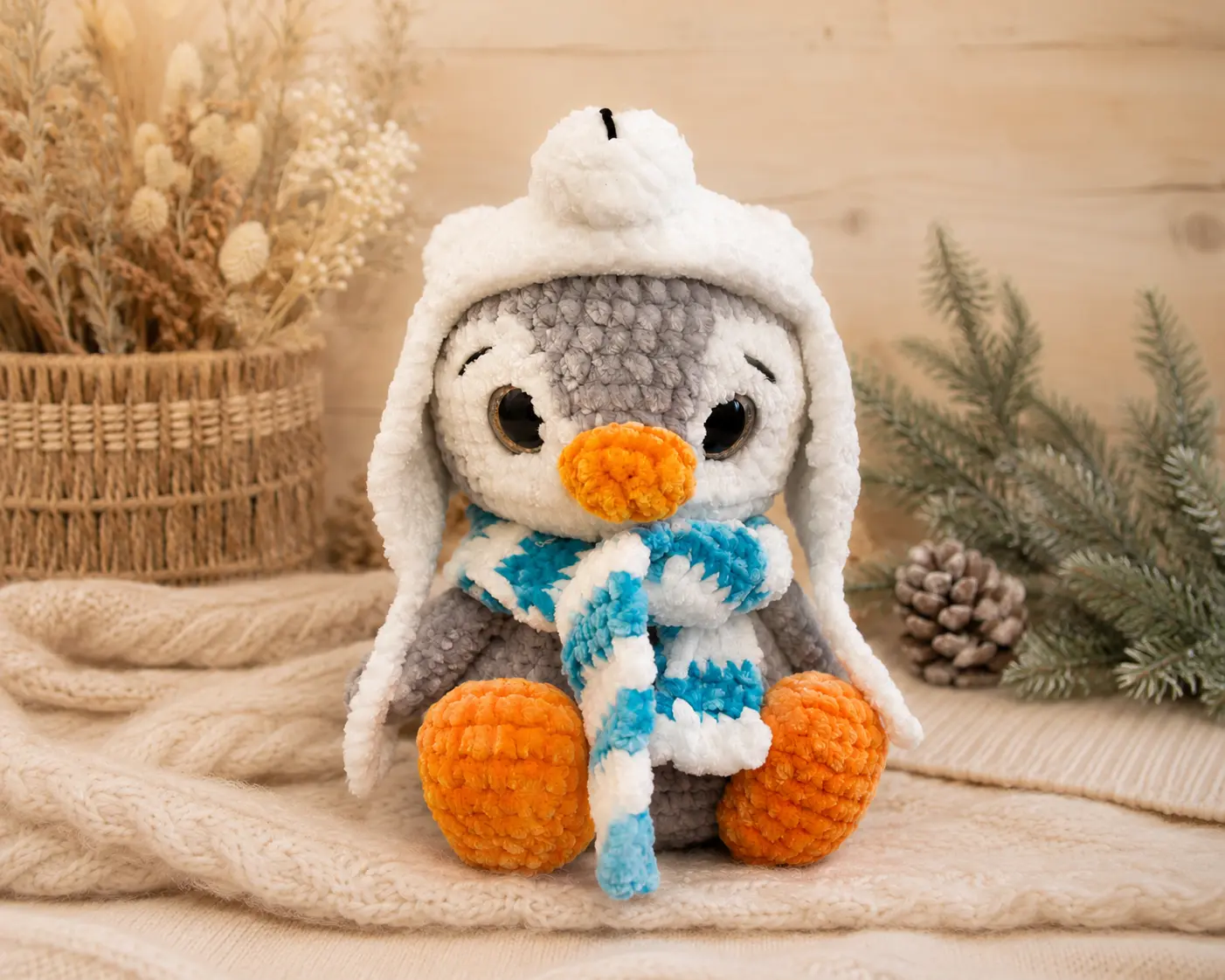 Crochet Bliss by V Handmade Penguin Crochet Plush, Soft Winter Stuffed Plush with Blue Scarf, Polar Bear Hat & Orange Feet, Cozy Gift & Room Decor