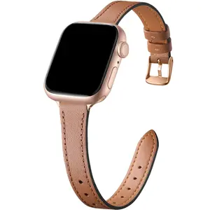 Ultra-thin leather watch band compatible with Apple Watch bands for 40mm, 38mm, 41mm, 42mm, 44mm, 45mm, and 46mm models. Premium grain leather watch strap thin wristband suitable for iWatch Series 10, 9, 8, 7, 6, 5, 4, 3, 2, 1 Smartwatch Strap.