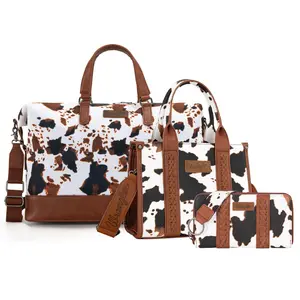 Wrangler Cow Print 3PCS Set Tote&Duffle&Wallet Bag for Women Top Handle with Detachable Crossbody Strap Everyday Use Casual Bag