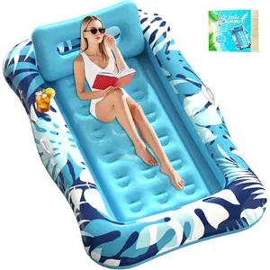 76" x 48" XL Inflatable Tanning Pool Lounger Float with Pillow 4-in-1 Floatie Mattress for Adult Kids, Perfect for Lake River Party & Relax