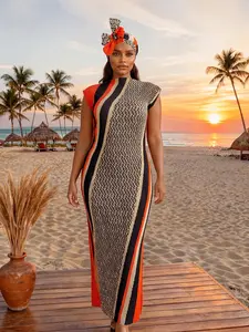 Geometric Print Long Robe with Shawl and Silk Scarf Set, Elegant Beach Cover-Up for Sun Protection, Casual All Seasons Fashion, Swimsuit Cover Up