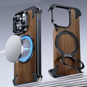 Wooden Design Phone Case with Holder, 1 Count Shockproof Protective Case for iPhone 14 15 Pro Max & Galaxy S24 Ultra, Fashion Durable Phone Accessories