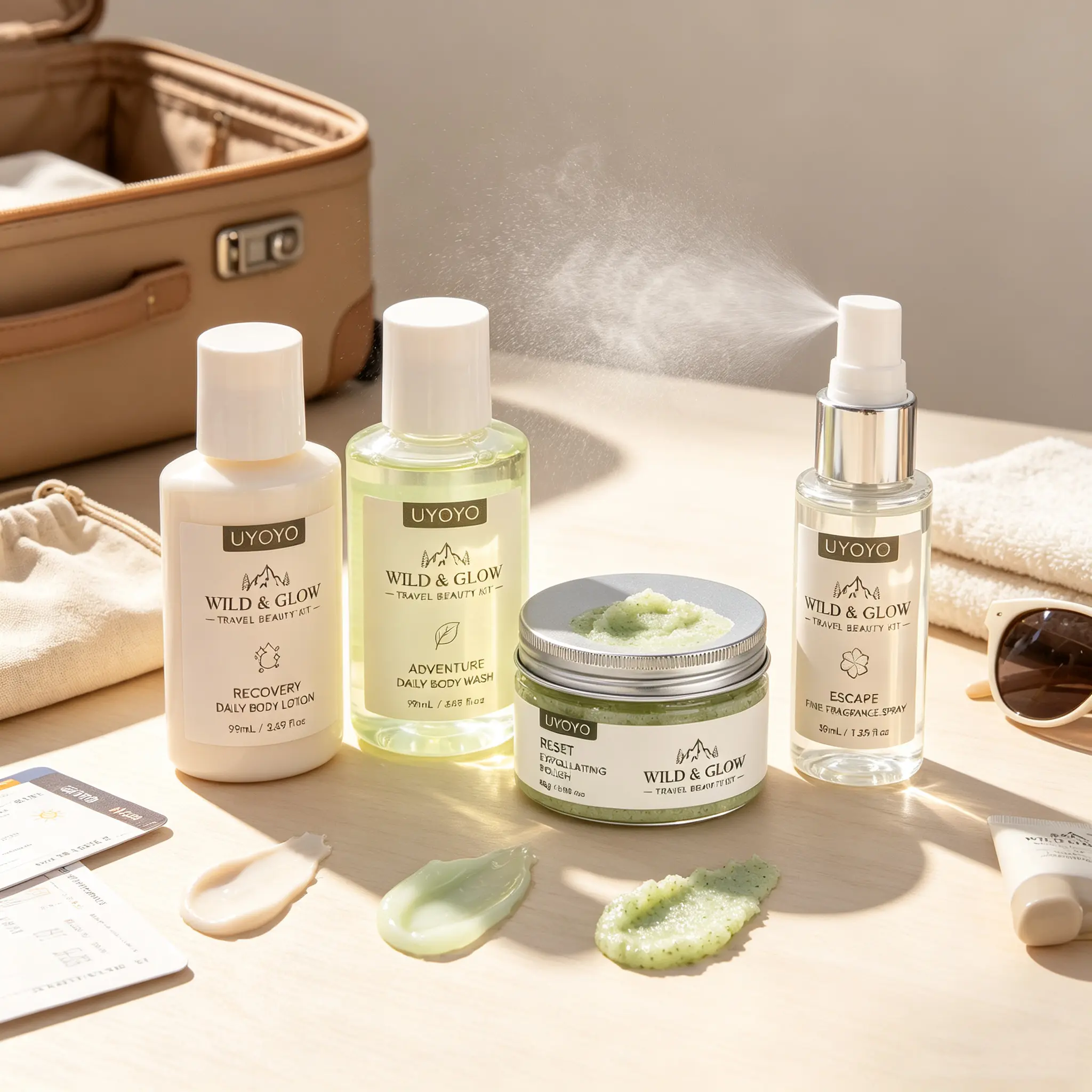 UYOYO Wild & Glow Adventure Travel Body Care Cosmetic Pack - Lightweight On-the-Go Gentle Toiletry Gift Kit with Exfoliating Polish, Daily Lotion, Body Wash, Scented Fine Fragrance Spray, Smooth