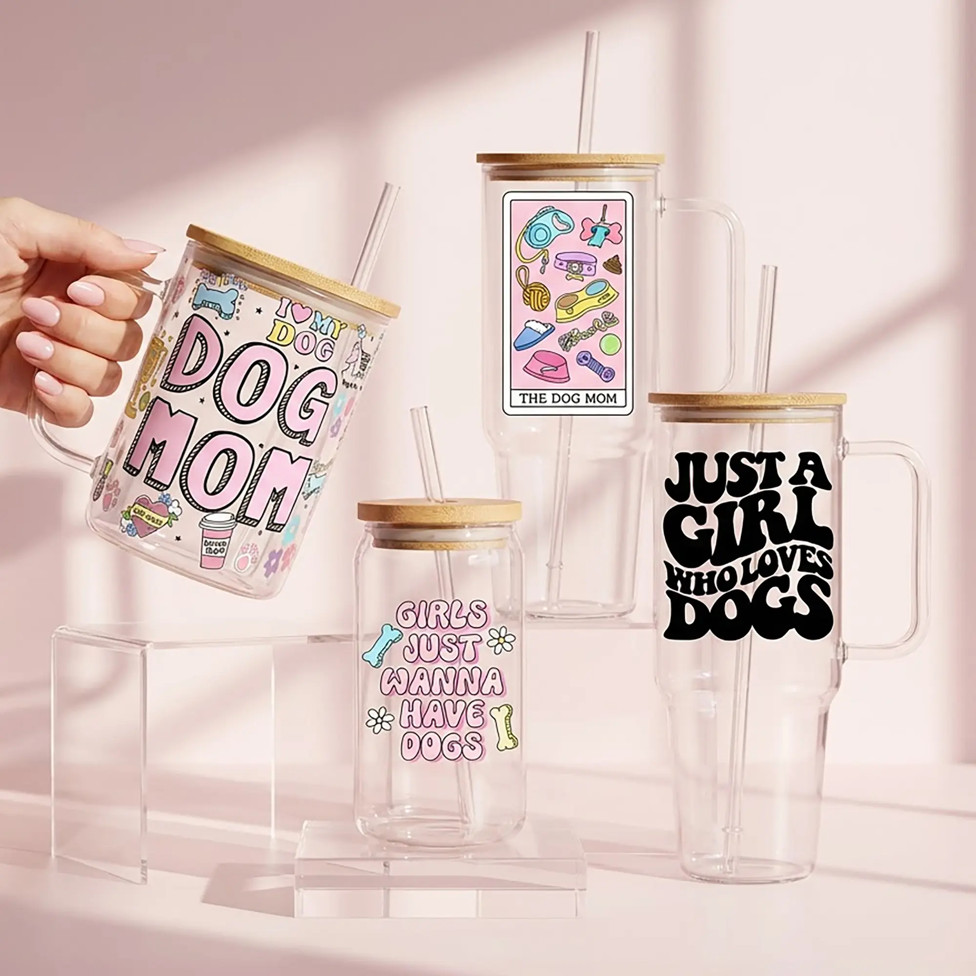 Dog Mom Collection Water Bottle with Lid & Plastic 40oz Glass Tumbler with Lid and Straw, Iced Coffee Drinkware, Gift for Her, Acrylic Tumbler, water bottle for women, iced coffee cup, Bottled, Mug