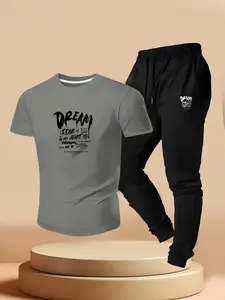 Handwritten Dream Never Give Up Motivational Print Set, Men's Casual Short Sleeve T-Shirt + Waistband Sports Pants, Summer Street Style