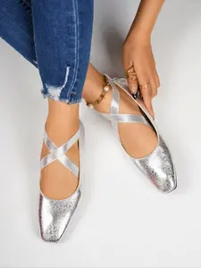 Women's Silver Color Ballet Flats, Vintage Mary Jane Shoes with Dress, Lightweight Comfortable Soft Single Sole Rubber, Spring & Fall Casual PU Leather