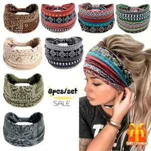 8pcs/Set Wide Floral Turban Headbands for Women/Men, Vintage Wrap for Sports, Workout.Soft Headbands-Fashion Elastic Hair Masks, Luxury Gift Hair Sweatbands.Non-Slip Knotting for Running Sports, Yoga Turban Hair Bands Hair Accessories for Daily Use