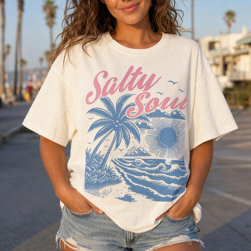 Women's 100% Cotton Retro Coastal Salty Soul Short Sleeve Crew Neck Drop Shoulder Fashion Tee - Breathable Palm Tree Print Ocean Graphic Summer Vacation Top