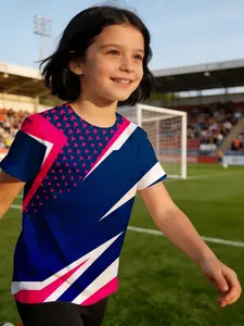 girl child jersey Blue Pink White Geometric Triangles Pattern Design Breathable, light, and comfortable short-sleeve T-shirt texture, cute, parent-child outfits, fashionable, polyester comfortable training sports summer quick-dry