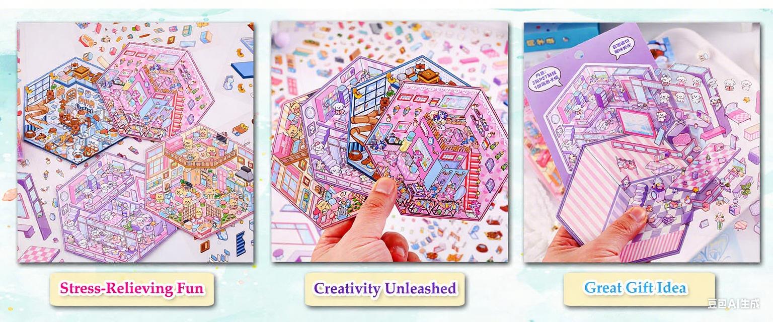 3D Sticker Scenes: Therapeutic Sticker Art for Adults—Featuring 4 Exquisite Isometric 3D DIY House Scenes; A Charming Art Sticker Collection Designed Especially for Girls