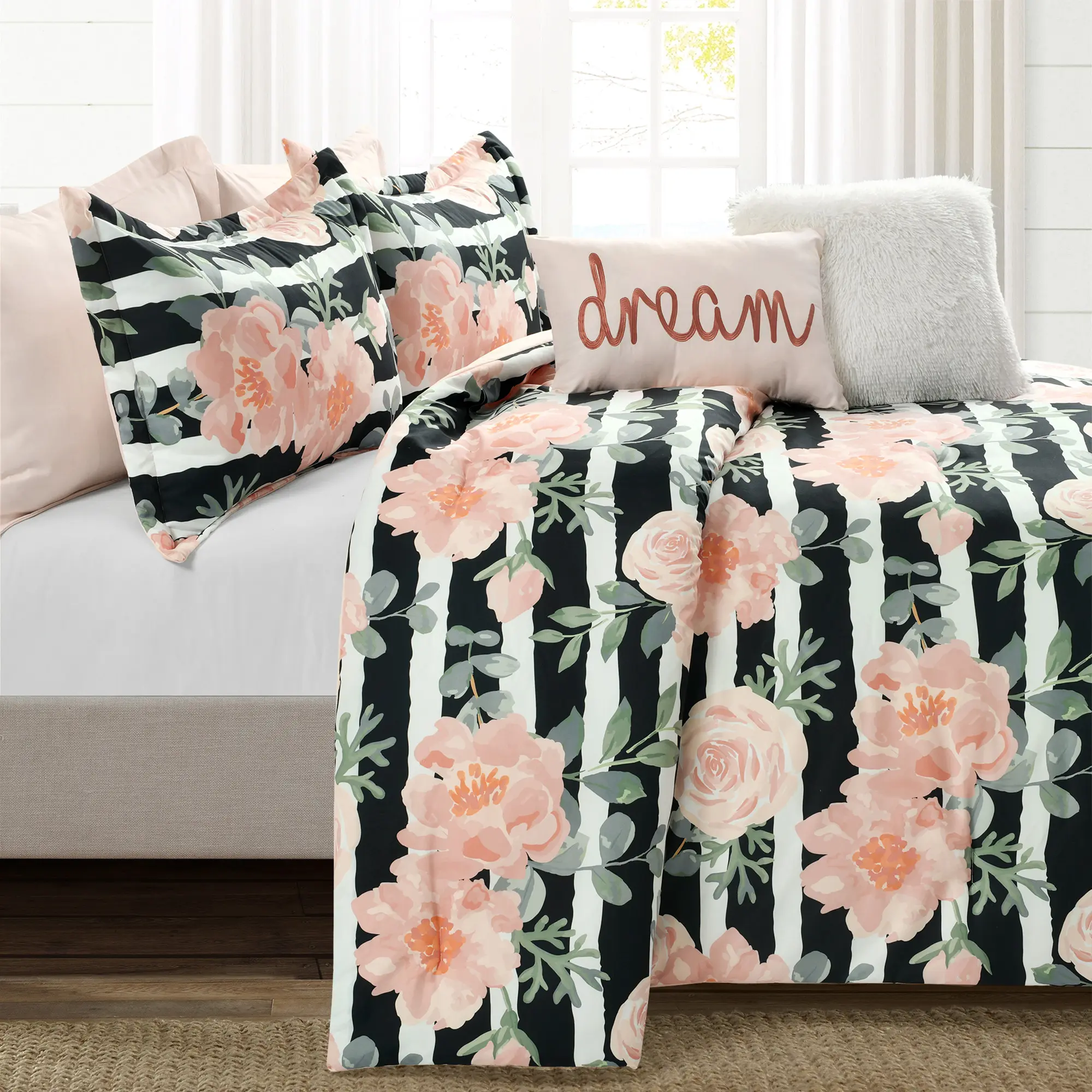 Lush Decor Amara Watercolor Rose Comforter Queen Size 7 Piece Set Full/Queen/King Black & Dusty Rose - Floral Bedding Set Comforter - Striped Bedding, Queen Comforter Set, Comforter Set King