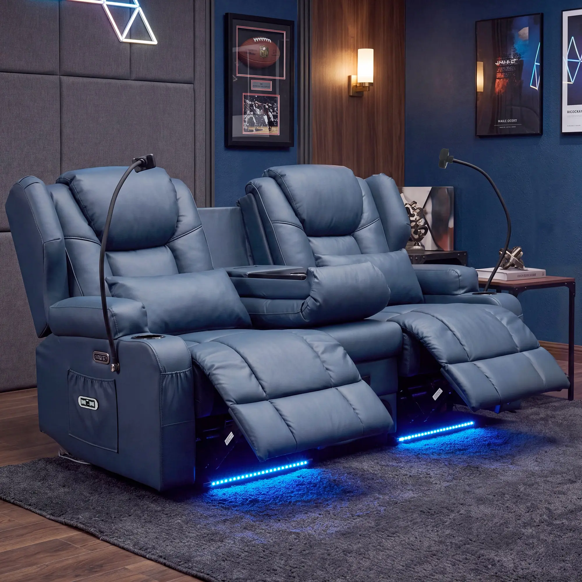 Modern PU Leather Loveseat Recliner, Massage Heat, Wall Hugger Power Recline, LED Lights, Bluetooth Speakers, USB Type-C Ports, Cup Holders - Indoor Furniture for RV, Home Theater Seating, 2 Seats
