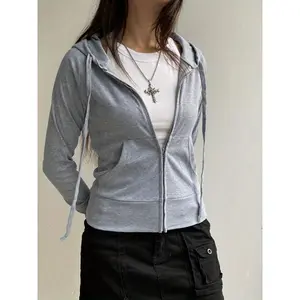 Minimalist Chic| Women's Slim Fit Zip-Up Hoodie - Long Sleeve, Solid Gray Color, Streetwear Jacket with Front Pockets, Polyester Blend for Spring/Fall