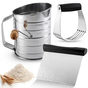 3 Cup Flour Sifter, Pastry Cutter, Dough Blender Stainless Steel Dough Cutter, Professional Baking Dough Tools for Cooking Cookies and Donuts(3Pcs/Set)
